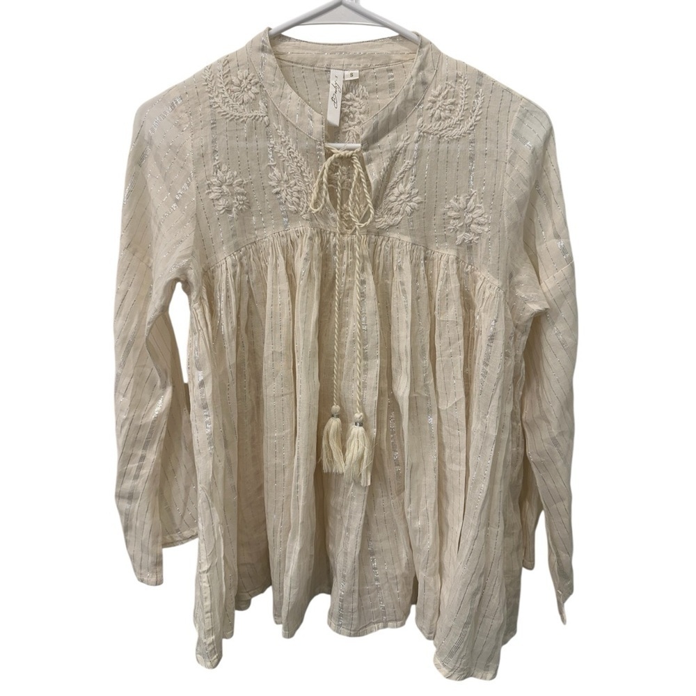Buby’s Boho Embroidered Crinkle Tassle Tie Peasant Blouse S